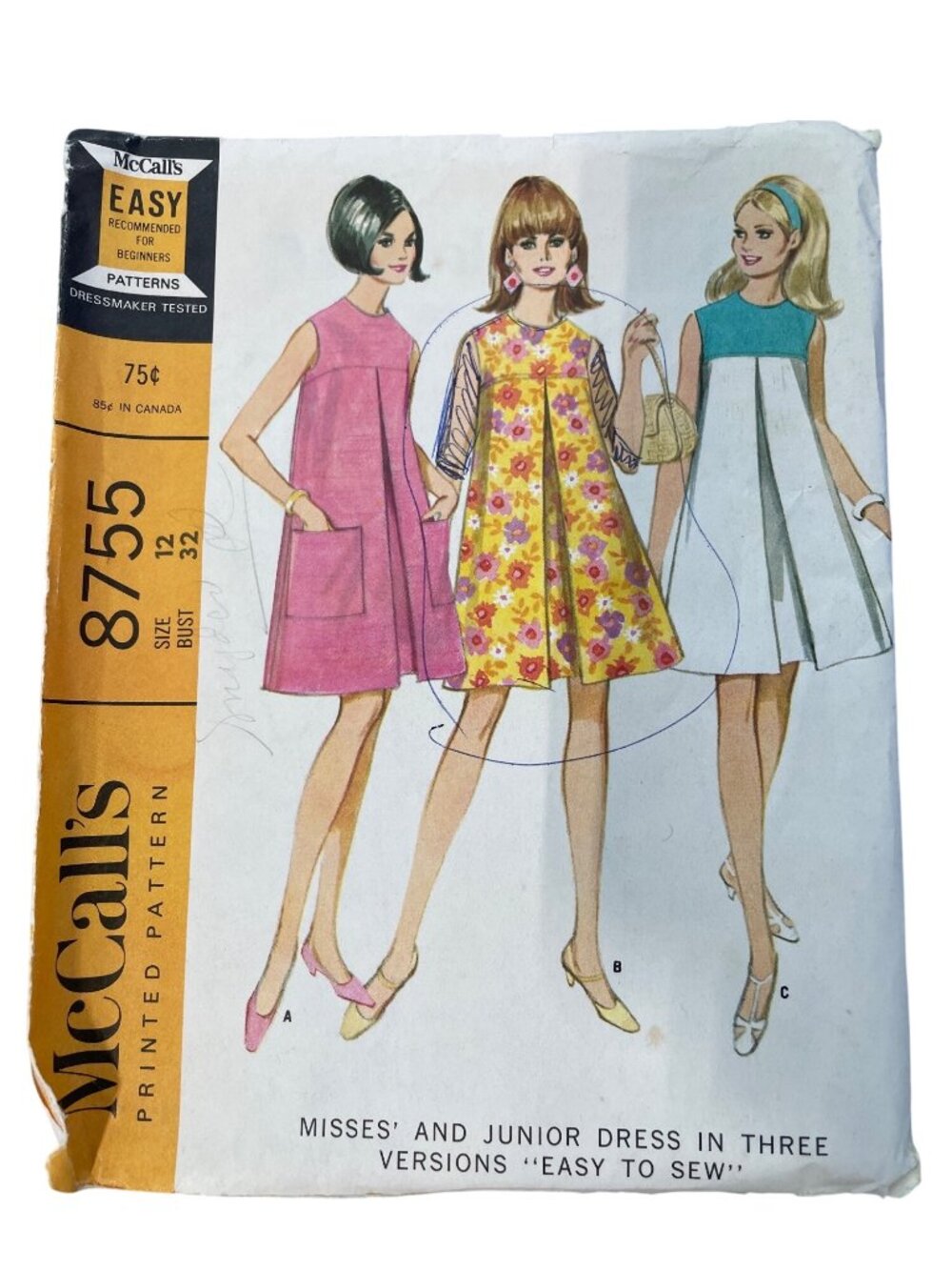 Vintage 60s McCalls 8755 Sewing Pattern Size 12 Misses Junior Dress Retro UNCUT
